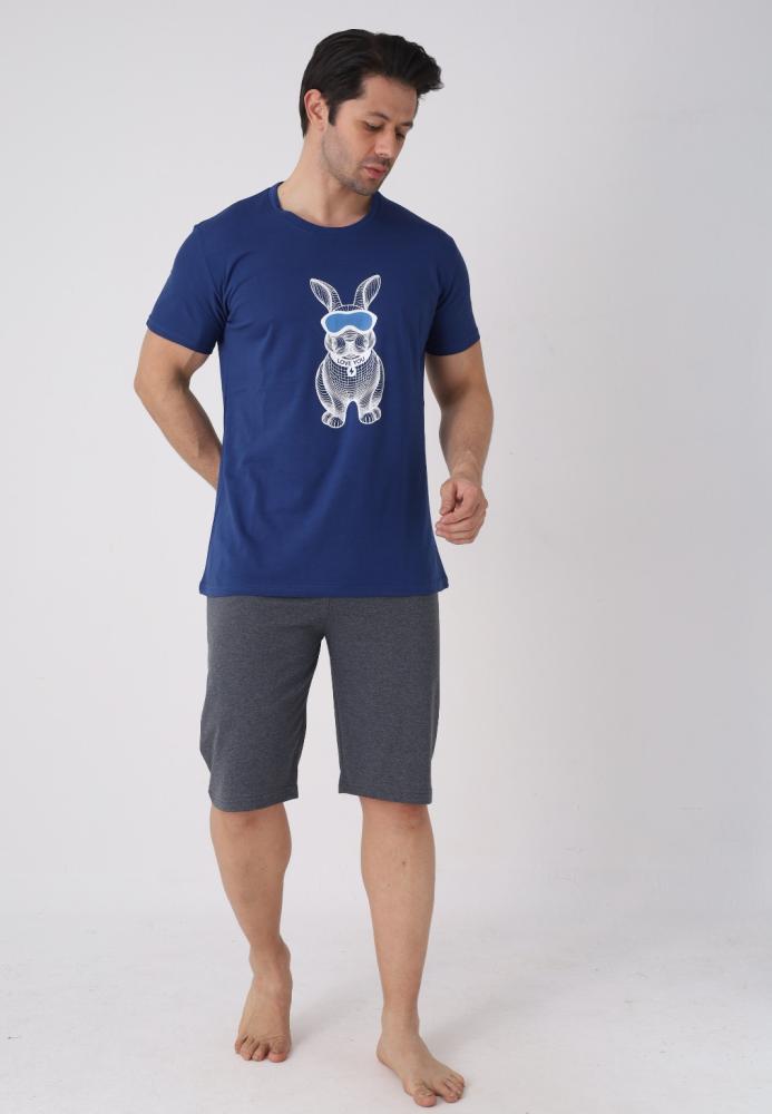 Pijama barbat cu maneca scurta si pantaloni 3/4, culoare bleumarin, Engros